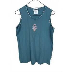 Vintage Teal Floral Embroidered Tank Top womens sz Medium